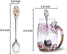 Load image into Gallery viewer, evecase Enamels Butterfly Flower Clear Lead-Free Glass Coffee Mugs Tea Cup with Steel Spoon Set, Personalised Gifts for Women Wife Mum Girl Teacher Friends Birthday Mothers Valentines Day Purple-tall coffeecup Pasal 