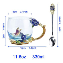 Load image into Gallery viewer, Pretty Mugs for Women Enamel Flower Tea Cup Large Glass Mugs with Matching Spoon Blue Glass Cup Coffee Cups Pasal 
