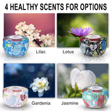 Load image into Gallery viewer, Scented Candles Gift Set of 4 Jasmine, Lotus, Lilac Blossoms &amp; White Gardenia, Natural Soy Wax Portable Travel Tin Candle Candles Pasal 