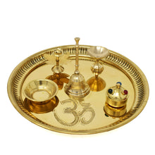 Load image into Gallery viewer, OM Printed Gold Plated Set of Pooja Thali Decorative Accessories Pasal 