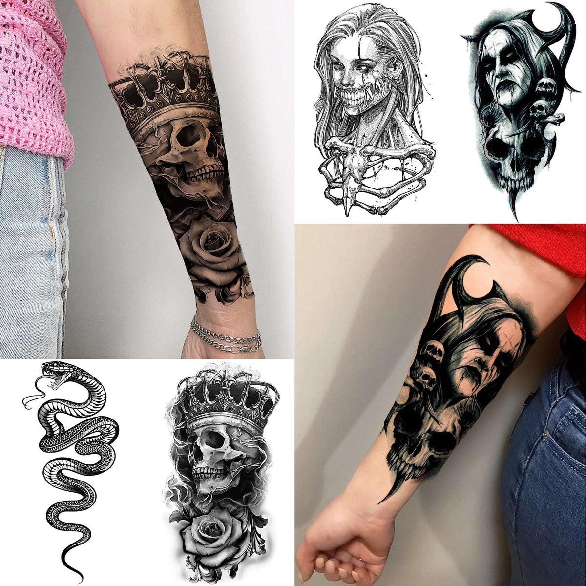 62 Sheets Wolf Lion Skeleton Temporary Tattoos For Men Women Arm 3D Re ...