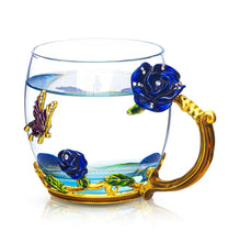 Load image into Gallery viewer, Pretty Mugs for Women Enamel Flower Tea Cup Large Glass Mugs with Matching Spoon Blue Glass Cup Coffee Cups Pasal 

