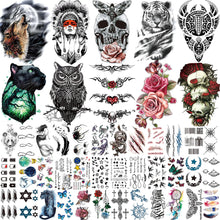 Load image into Gallery viewer, 46 Sheets Large Skull Maori Warrior Temporary Tattoos For Men, Realistic Tiger Owl Flower Temporary Tattoos For Women Temporary Tattoos Pasal 