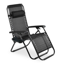 Load image into Gallery viewer, 2 x Sun Lounger Garden Chairs with Cup Holder and Headrest Pillow Zero Gravity Chair Heavy Duty Textoline Chair Black Unbranded 